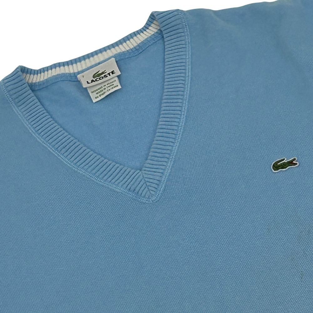 Lacoste Sweater Vest Mens 7 XL Light Blue V-Neck Cotton Crocodile Logo Preppy